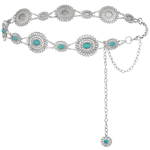 Image of FIORETTO Western Waist Chain Belt Metal Concho Belt for Women Cowgirl Cowboy Boho Country Belt for Dress Jean