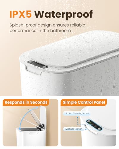 Image of Cesun 5 Gallon Automatic Bathroom Trash Can with Lid, White, Touchless