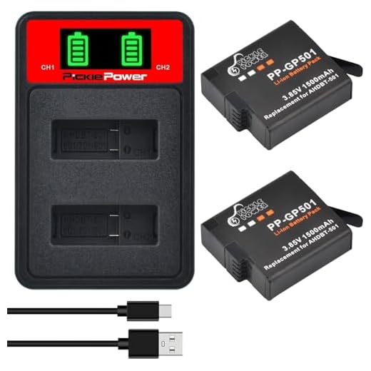 Pickle Power Lot de 2 batteries 1500 mAh pour caméra GoPro Hero 5/6 Gopro Hero 2018 Gopro 7 + chargeur rapide de type C LED 2 canaux AHDBT-501, compatible avec Hero5 All Firmwares v02.00, v02.01