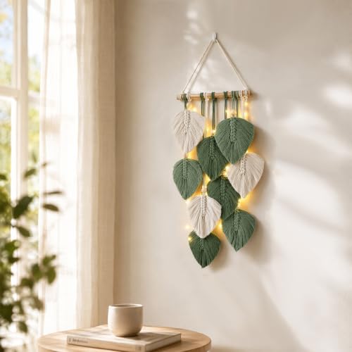 Makramee Wandbehang 25 x 55 cm 9 Blätter LED Lichterkette Boho Deko – Bild 9