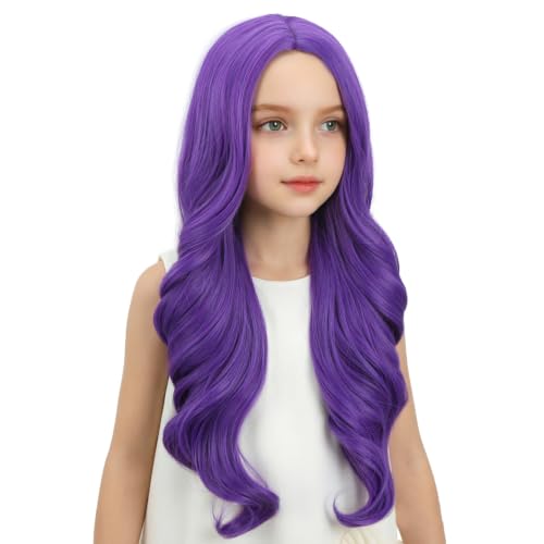 Image of Child Dark Purple Wig Girls Long Deep Purple Wavy Curly Wig Kid Middle Part Wigs Heat Resistant Synthetic Wigs with Cap