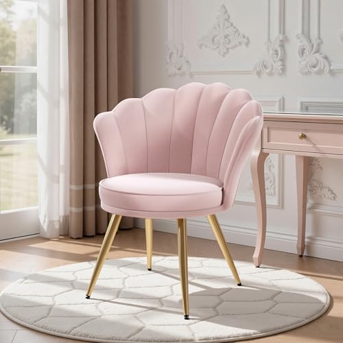 Image of Erlium Velvet Accent Chair, Upholstered Dressing Chair for Home, Modern Petal back with Gold Legs for Vanity, Bedroom, Living room, Pink