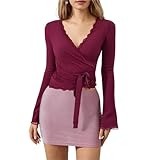 HWJFDC Cache Coeur Femme Haut Cache cœur de Ballet à Nouer croisé for Femme, Bordure en Dentelle, Manches Longues, col V, Chemises Yoga, Coupe ajustée, noué sur Le Devant(Rose Red,M)