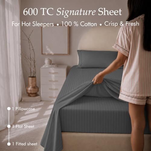 Image of Threadmill 600TC Cotton Twin XL Sheet Set, Sateen, Damask, Dark Grey