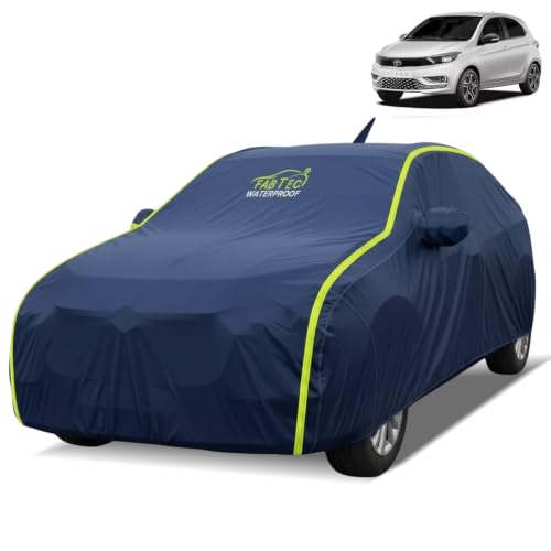 Image of FABTEC Waterproof Car Body Cover for Tata Tiago New Outdoor /Indoor All Weather Protection with Mirror & Antenna Pocket Triple Stitched (Premium Navy Blue with Neon Piping)