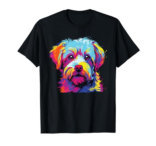 Watercolor Colorful Dandie Dinmont Terrier Dog T-Shirt, Men, Black, Large