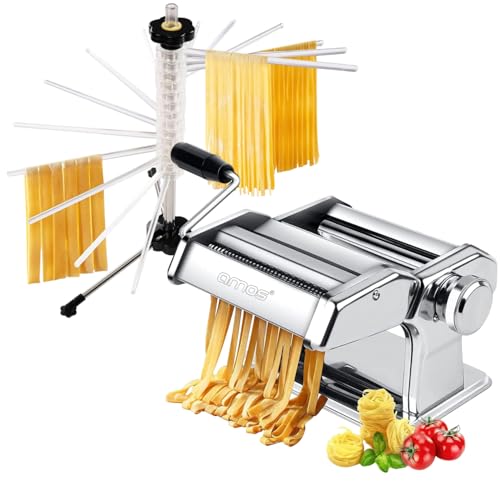 Amos ® 3 In 1 Heavy Duty Stainless Steel Professional Fresh Pasta Lasagne Spaghetti Tagliatelle Maker Machine Cutter & Amos Spiral Pasta Drying Rack -