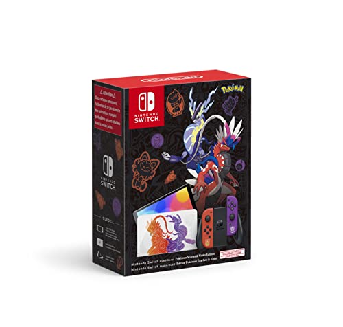 The Nintendo Switch – OLED Model Pokémon Scarlet and Violet Edition console features art inspired by the upcoming Pokémon Scarlet and Pokémon Violet games (sold separately). The Legendary Pokémon Koraidon and Miraidon are featured on the glossy front side of the white system’s dock, and a design inspired by the series’ iconic Poké Ball is featured on the back.