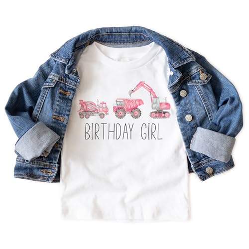 Birthday Girl Pink Trucks Toddler Shirt - Construction Zone Backhoe Tractor Digger Cement Mixer Excavator Outfit - Natural Toddler & Youth Girls Graphic Tee3