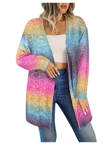 MakeMeChic Women's Plus Size Long Cardigans Rainbow Knit Open Front Crochet Colorful Cardigan Sweater