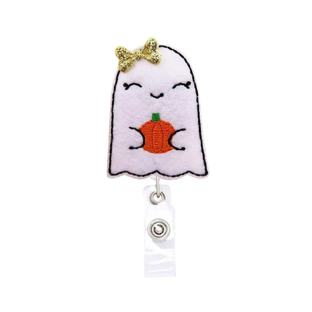 Ghost with Pumpkin Badge Reel, Halloween Badge Reel, Fall ID badge Holder, Interchangeable ID Badge Reel, Nurse, Retractable Badge