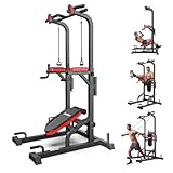 Pooboo Power Tower Dip Station Pull Up Bar for Fitness Home Gym Workout,Multi-Function Adjustable Height Fitness Strength Training Exercise Equipment,with Supine Board (Black)