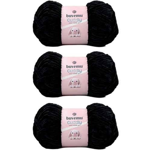 Image of Cuddly Velvet Chenille Yarn, Super Soft Fluffy Bulky for Knitting Crocheting Crafting Blanket Amigurumi, Durable for Shedding, 100 Gram (3.53 Ounces) 109 Yards (100 Meters) (Black) (3 Skeins)