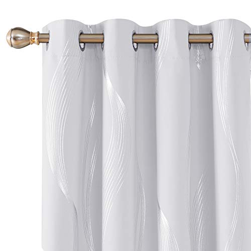 Deconovo Light Greyish White Blackout Curtains Thermal Insulated Foil Print Wave Striped Light