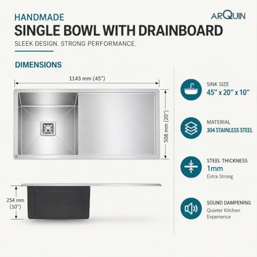 Image of ARQUIN Kitchen Sink 45x20x10 Inch Handmade Single Bowl Drain Board Matt Finish Kitchen Sink 304 Grade Stainless Steel Kitchen Sinks | Sink For Kitchen Basin Square Drainer and Adjustable Fruit Basket