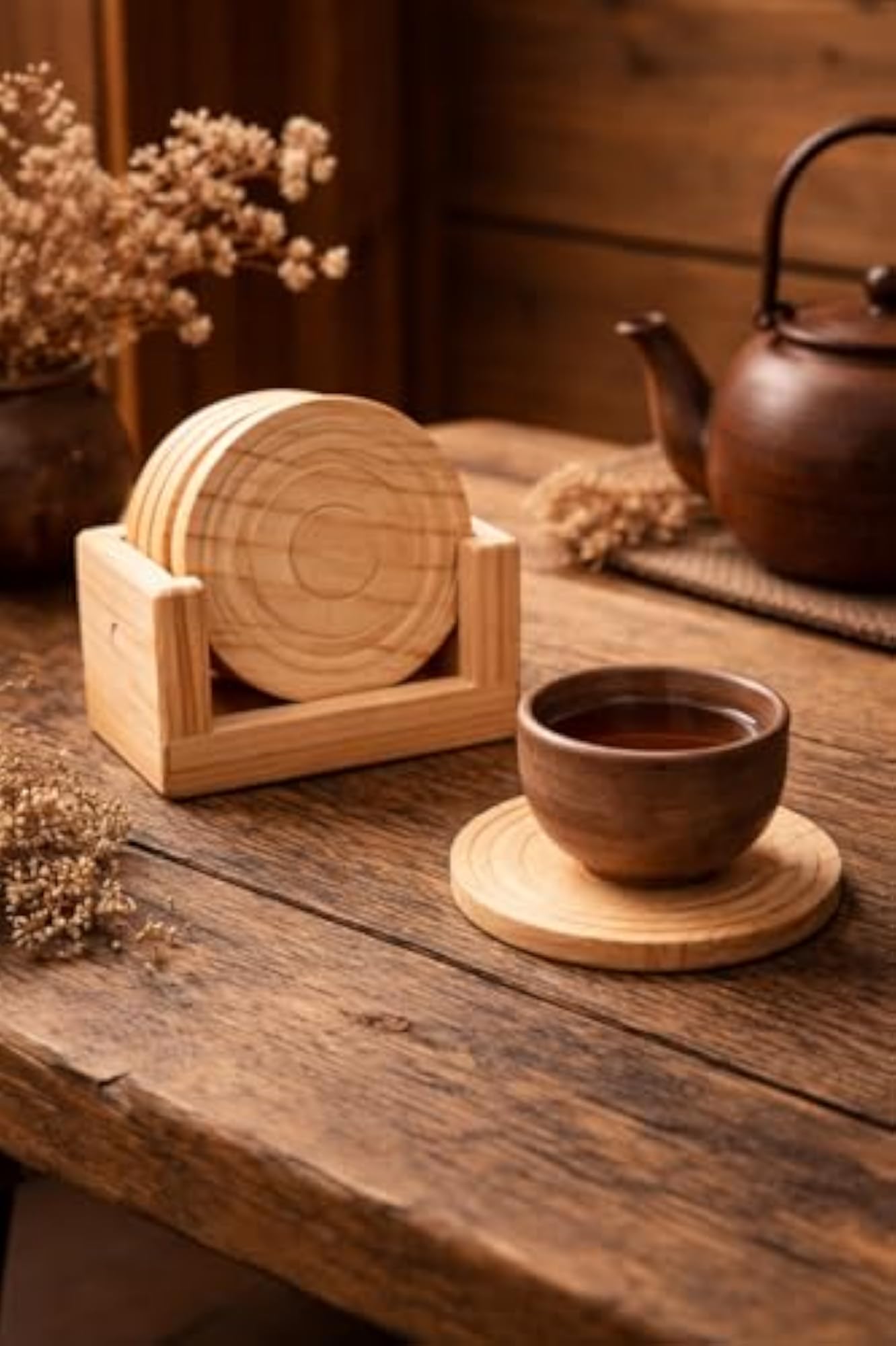 6-Piece Wooden Coasters Set with Holder