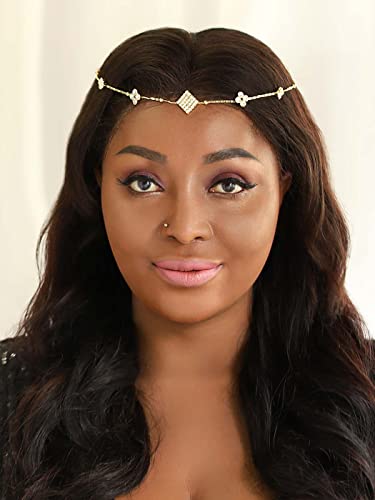 Yean Head Chain Jewelry Gold Head Chain Bohemian Rhinestone Forehead Band Floral Festival Headpiece Crystal Halloween Costume Hair Accessories for Women and Girls (Gold)
