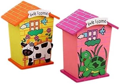 HOME BUY Piggy Bank for Kids Animal Designs Money Saving Coin Bank Wood House Multi Color Perfect Return Gift for Kids Birthday Party (Pack of 2) Modern
