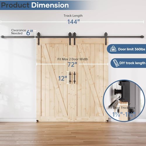 EaseLife 12FT Double Door Sliding Barn Door Hardware Track Kit & Handle,Big Industrial Spoke Wheel,Wall Mount,Slide Smoothly Quietly,Easy Install,Black,144" Track Fit for 68-70" Wide Opening (No Door) by EaseLife - Used condition - Image 7