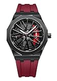 Gosasa Men’s Fashion Racing Wheel Design Watch Creative 3D Spinning Car Wheel Rotating Luminous Quartz Watches 30M Waterproof Sports Wristwatch with Rubber Strap (Red)