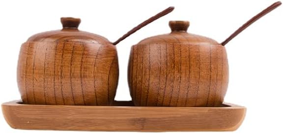Duoduo Wooden Condiment Jar Spice Container with Lids -, Wooden Spoon, Wooden Tray - Best Wooden Cruet Pot for Your Home, Kitchen, Set of 2 and 3 (2)
