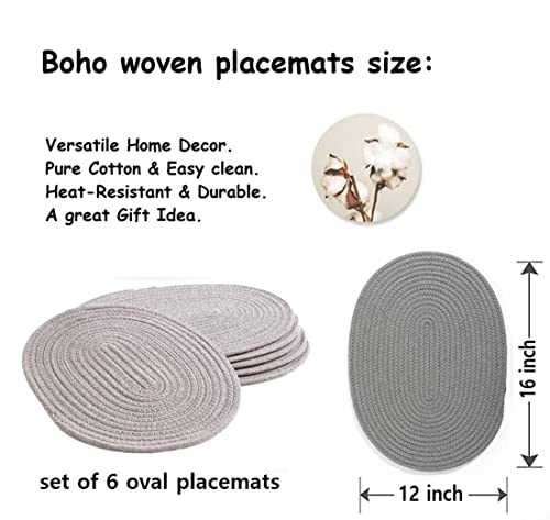 Dajamai 6 Pack Woven Placemats, 12X16 Inches Gray Oval Plate Charger Cotton Heat Resistant Non-Slip Weave Placemats Farmhouse Straw Braided Rattan Tablemats Wicker Placemats For Dining Table #TOP1