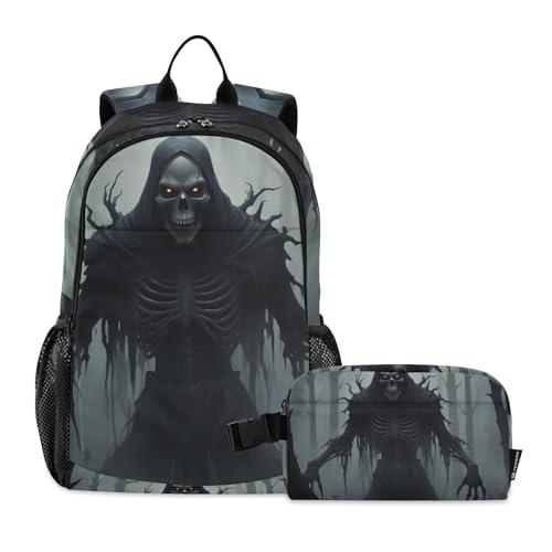 Black Skeleton Backpack Lunch Bag Set for Travel Hiking Picnic, Backpacks with Insulated Lunch Box