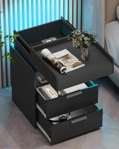 Baoz Nightstand with Gun Drawer, Charging Night Stand with USB and AC Ports, LED Nightstand...