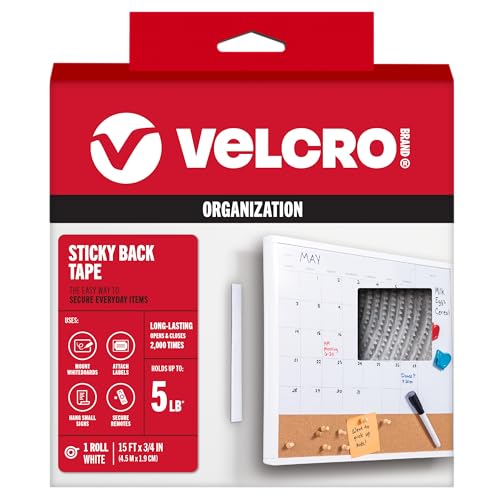 Image of VELCRO Brand - Sticky Back Hook and Loop Fasteners - Peel and Stick Permanent Adhesive Tape Keeps Classrooms, Home, and Offices Organized - Cut-to-Length Roll | 15ft x 3 /4in Tape | White