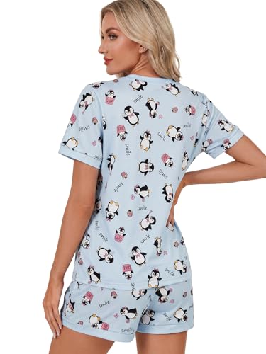 Image of LYANER Pajama Set for Women 2 Piece Lounge Set Striped Crew neck Short Sleeve Tops and Shorts Soft Sleepwear