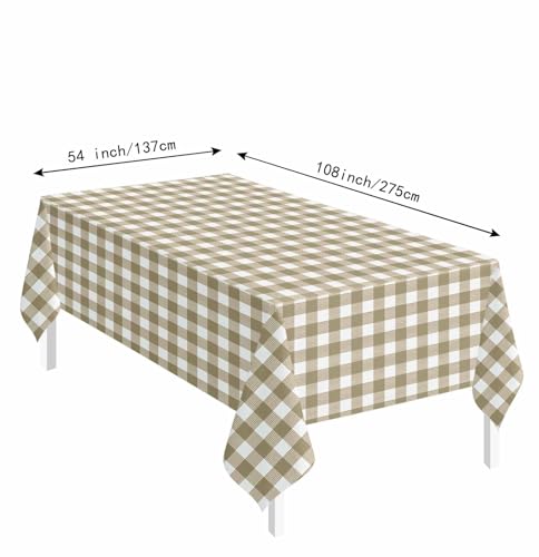 Image of SietDESEO 2 Pack Brown Gingham Tablecloth Rectangle 54 x 108 Brown and White Checkered Table Cloth Disposable Plaid Table Cover Plastic for Birthday Baby Shower Picnic Wedding Party Supplies