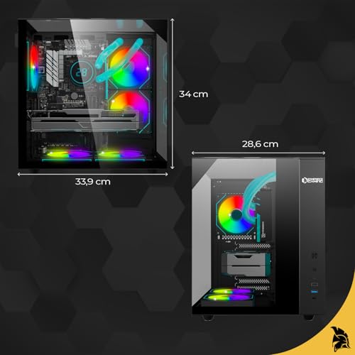 EMPIRE GAMING EC253 Obudowa PC Cube ATX/mATX/ITX, Panoramiczne Szkło Hartowane, 3 Fabrycznie Zainstalowane Wentylatory ARGB+Kontroler, GPU 330 mm, Wentylator 168 mm, Watercooling 240 mm, USB-C, Czarny
