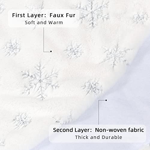 Dremisland Christmas Tree Skirt, 48 Inches Large White&Silver Luxury Faux Fur Tree Skirt With Snowflakes Super Soft Thick Plush Tree Skirt For Xmas Tree Decoration #TOP3