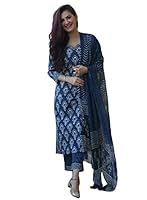 Amayra Women's Rayon Printed Straight Kurti with Palazzos and Dupatta Set(Blue,L)