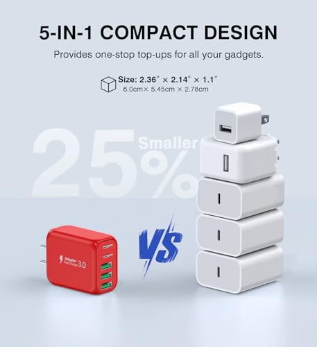Image of 50W USB C Wall Charger, 2Pack 5-Port C Charger Fast Charging Block PD Power Adapter +QC Multiport Type C Box Brick Cube USB A Wall Plug for iPhone 14 /15 /16 /17 Pro Max, iPad,Samsung Galaxy(Red)