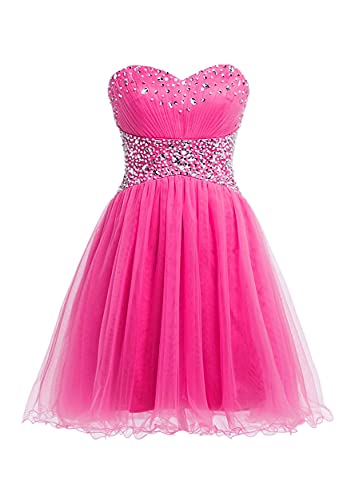 CharmingBridal Beaded Tulle Homecoming Dresses Formal Short Prom Ball Gown 2021 Deep Pink