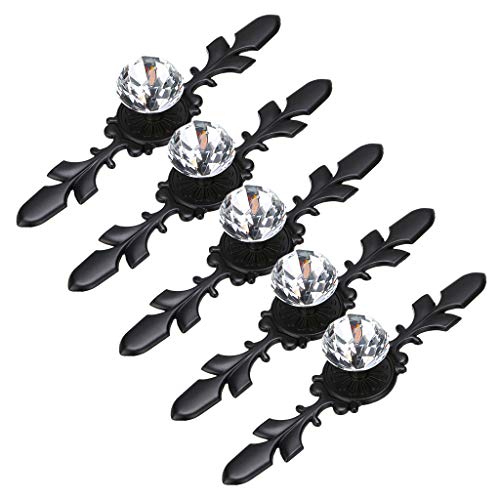 Sumnacon 5Pcs Drawer Dresser Knobs Pull Handles - Crystal Glass Diamond Decorative Knobs with Plate, Cabinet Cupboard Door Knobs with Screws for Kitchen Bathroom Office Decoration (6.7 Inch, Black)