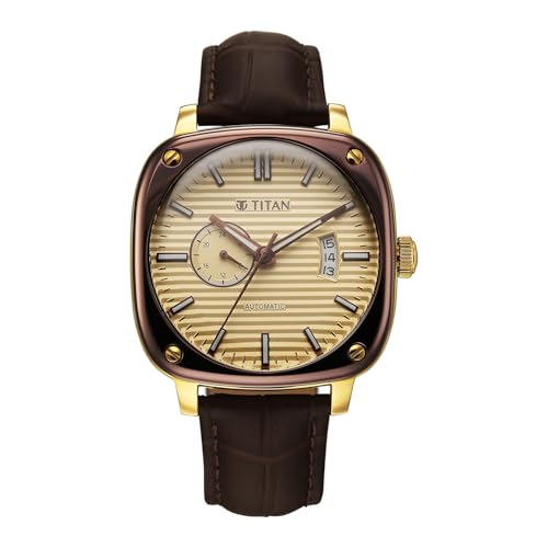Image of Titan Vintage Concealed Automatic Analog with Beige Dial Brown Leather Strap Watch for Men - 90225KL03