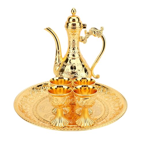 Riuulity Juego de té Turco, Bandeja de Tetera de Metal Vintage, Tazas para Decoración del Hogar, Reunión de Oficina, Juego de Cafetera Turca Duradera para Fiestas de té (GOLD)