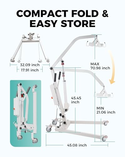 VNN Electric Patient Lift - Foldable Transfer Lift for Home Use, Floor & Fall Elderly Chair Lift, 400lb Weight Capacity with U-Sling, Hydraulic Full Body Transfer for Home, White, Installation Free