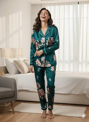 Image of Night Suit for Women with Full Sleeve Button-Down Top with Pant Dress for Woman, Night Dress for Woman, Lycra Two-Piece Loungewear Set