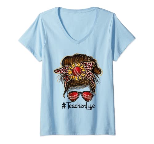 Mujer Profesor Tenis Messy Bun Gafas Mujeres Profesoras y Niñas Camiseta Cuello V