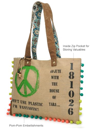 Image of The House of tara Jute Tote Handbag | Brown Beige Printed Shoulder Bag | Tassel Embellished | Magnetic Closure | Zipper Compartment | Casual Bag for College, Office & Daily Use | For Women