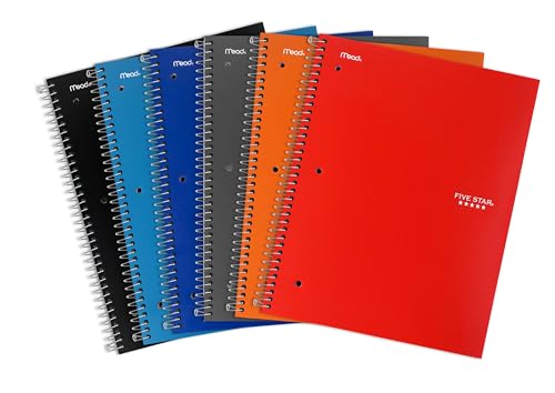 Five Star 5-Subject Spiral Notebook + Study App, 8.5" x 11" Sheet Size, College Ruled, 400 Pages/200 Sheets, Wirebound, Poly Cover, Assorted Poly Colour Covers, 1 Notebook, Colour May Vary (06046)