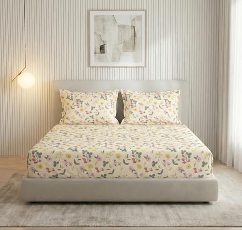Image of VAS COLLECTIONS 300 TC Premium Cotton Fitted Bedsheet Set Double Bed 78x72+10 Inch | Soft Breathable Sheet with 2 Pillow Covers | Luxury Printed Bedding | Elegant Durable Bed Linen (Spring Ivory)