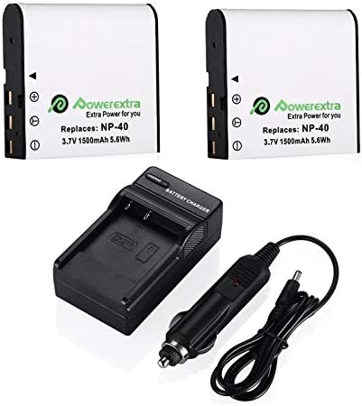 Powerextra 2 x NP-40 Battery and Charger Compatible with Casio NP-40, Casio Exilim EX-Z600, EX-Z750, EX-Z1000, EX-Z1050, EX-Z1080, EX-Z1200, Kodak AZ421(Free Car Charger Available)