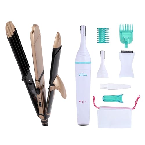 Image of VEGA 3 in 1 Hair Styler, Straightener, Curler & Crimper (VHSCC-01), Black & Silk Touch Eyebrow, Underarms & Bikini Trimmer for Women, (VHBT-01)