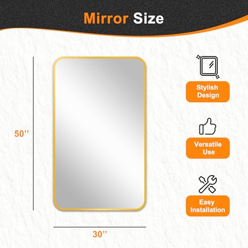 Image of Delma Bathroom Vanity Mirror, Gold Framed Mirror for Over Sink, 50x30 | HD glass, distortion-free for makeup and grooming, Sturdy frame, all mounting hardware, hangs horizontal or vertical