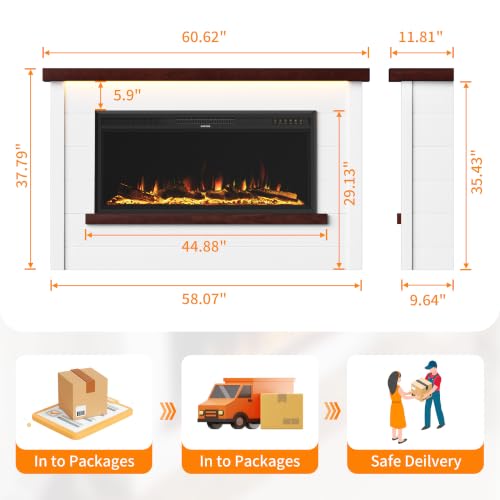 Image of 60 inch Electric Fireplace with Mantel, Fireplace TV Stand with 42 inchElectric Fireplace Heater, Remote Control, Shiplap-Style Surround with Multi-Colors Effects for Living Room Bedroom, White