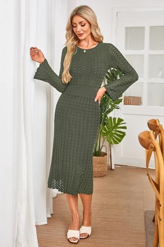 Image of Newshows Women's Hollow Slim Summer Fall Church Work Casual Sweater Dress | Machine Washable Knit Sweater Fabric, Hollow Design, Bell Sleeve, Business Casual, Church Teacher Outfits, Modest Dress